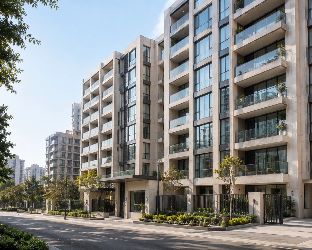 Modern multi-storey luxury residential building with stone facade, glass balconies, and landscaped entrance by Nidhi Land Developers