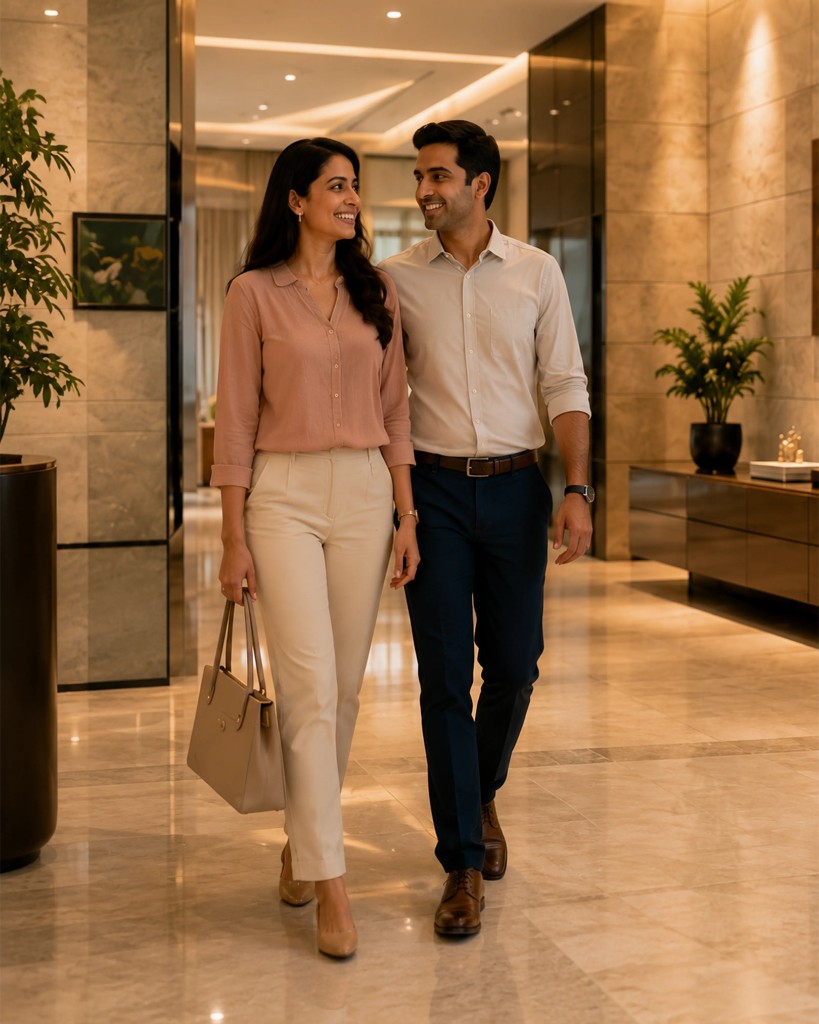 A couple walking through a bright, modern lobby on their way home